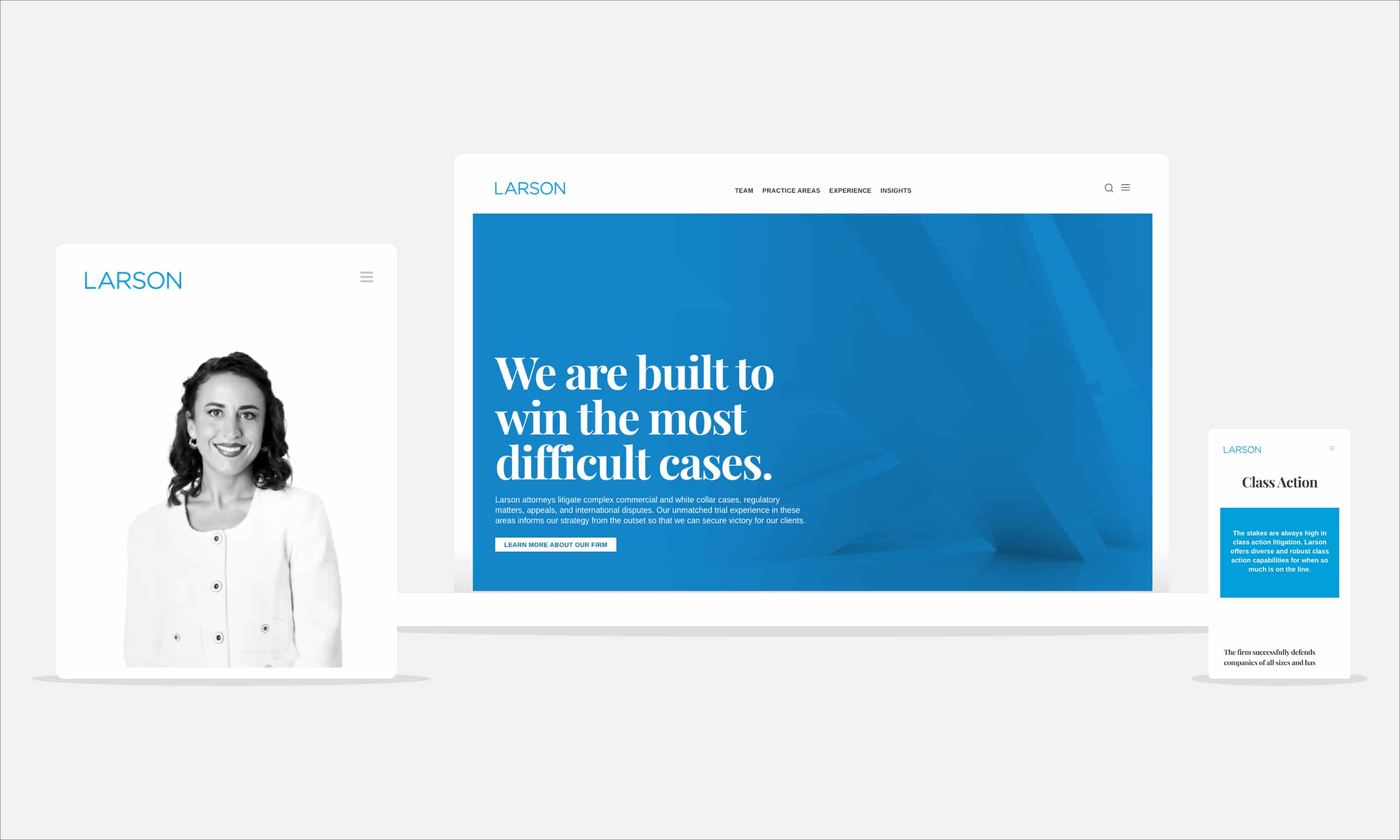 Larson LLP law firm website shown on tablet, laptop and mobile phone screens