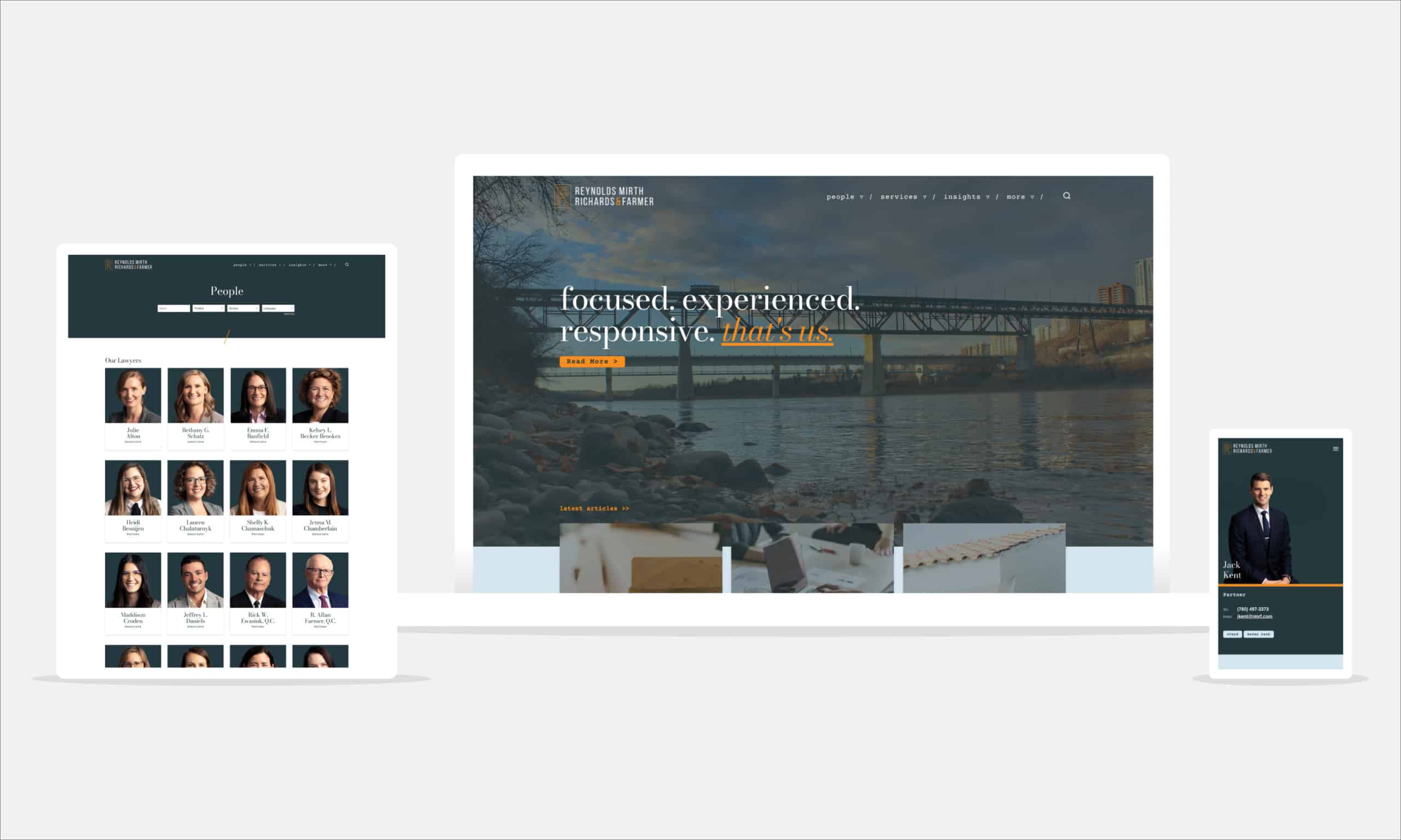 Reynolds Mirth law firm website shown on tablet, desktop and mobile phone screens