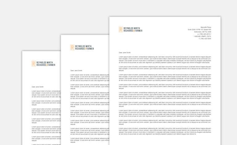 Reynolds Mirth law firm letterhead and communications collateral