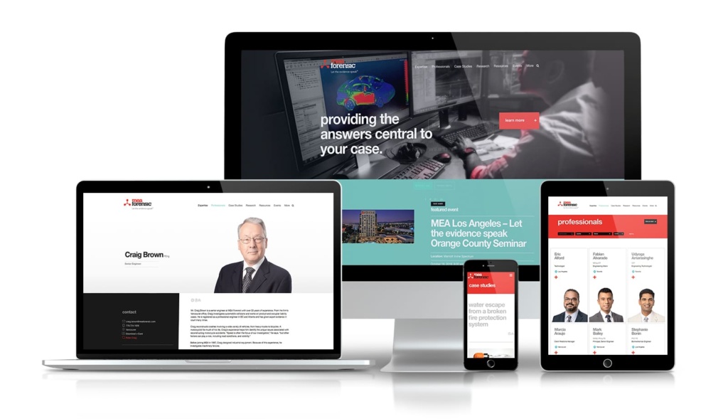 MEA Forensic website shown on desktop, latpop, mobile and tablet screens
