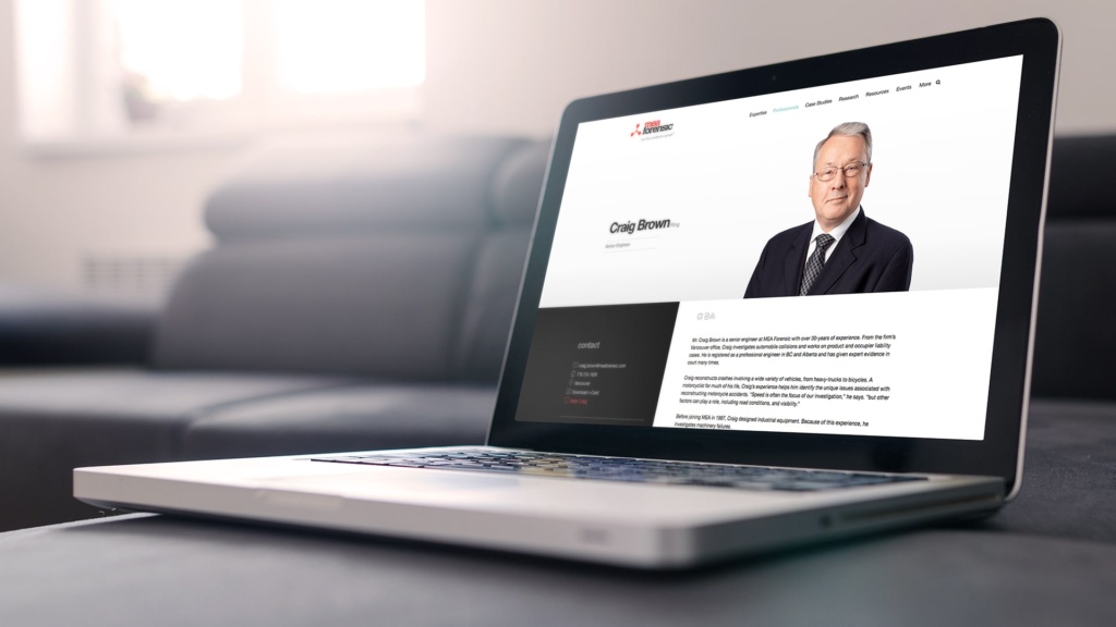 MEA Forensic lawyer bio shown on laptop