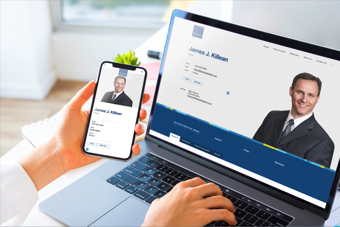 Ireland Stapleton law firm lawyer bio shown on mobile phone and laptop