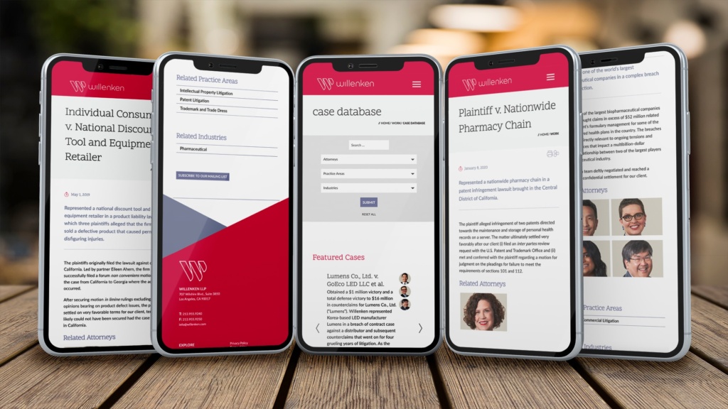 Willenken law firm website shown on mobile