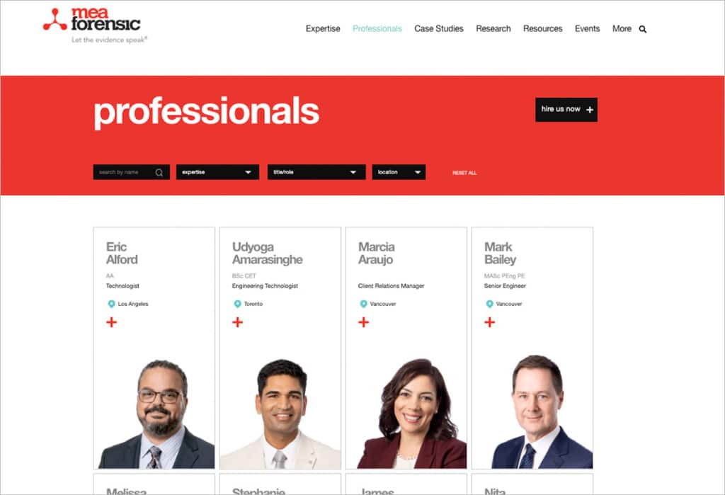 MEA Forensic team page screenshot