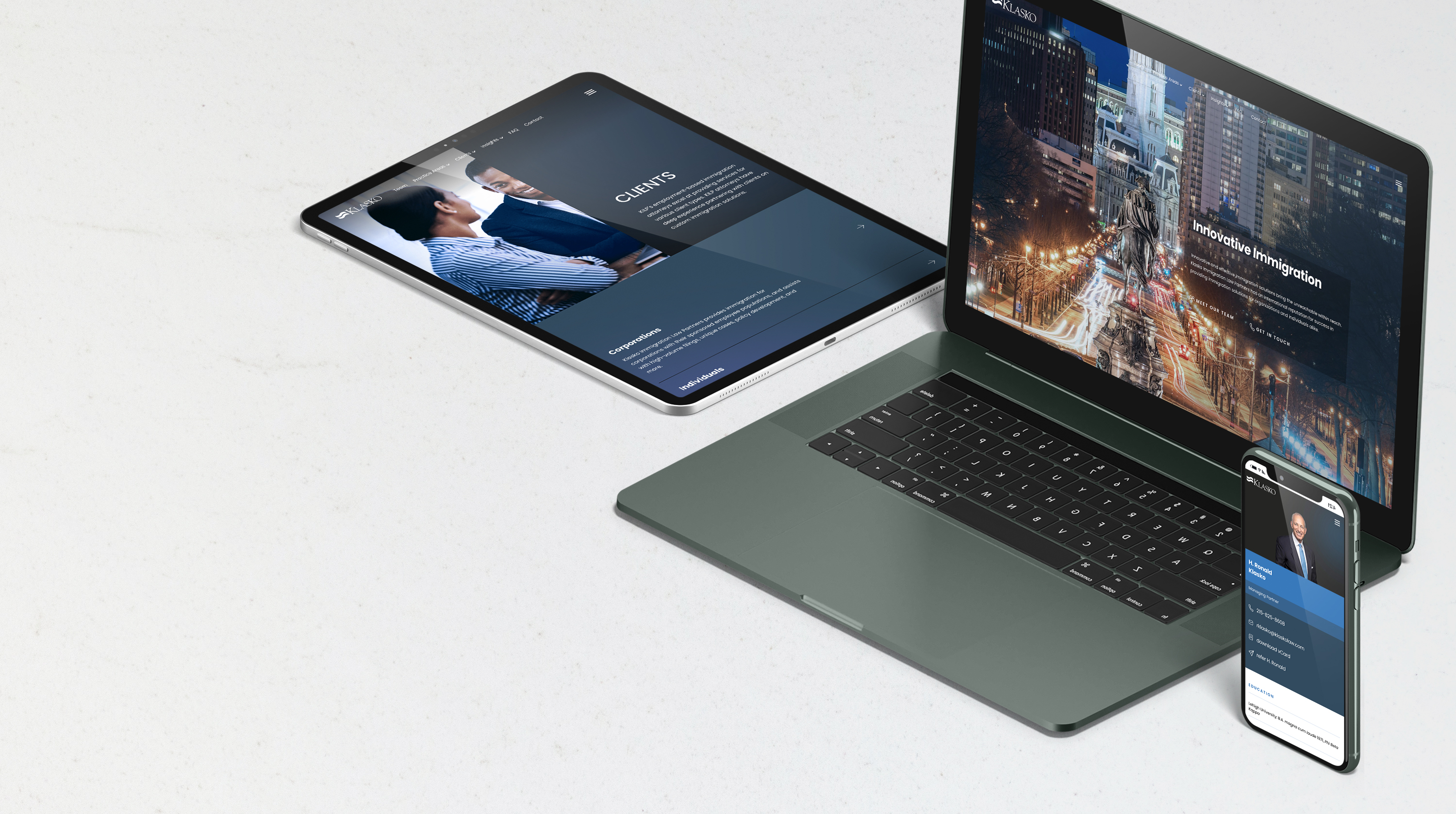 Klasko law firm website shown on tablet, laptop and mobile phone screens
