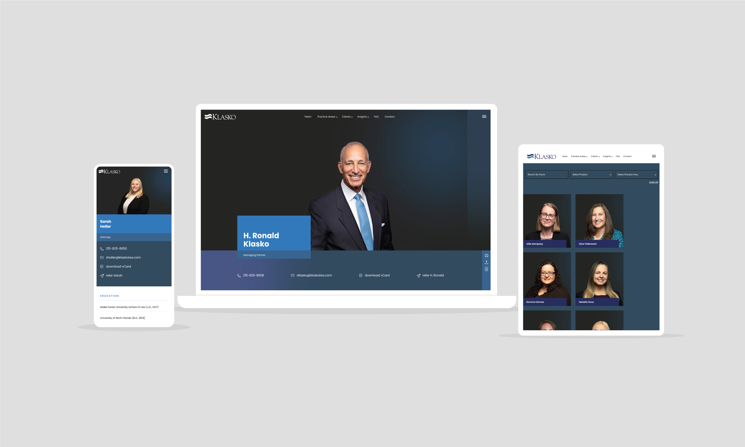 Klasko law firm website lawyer bio pages and photography shown on mobile phone, laptop and tablet screens