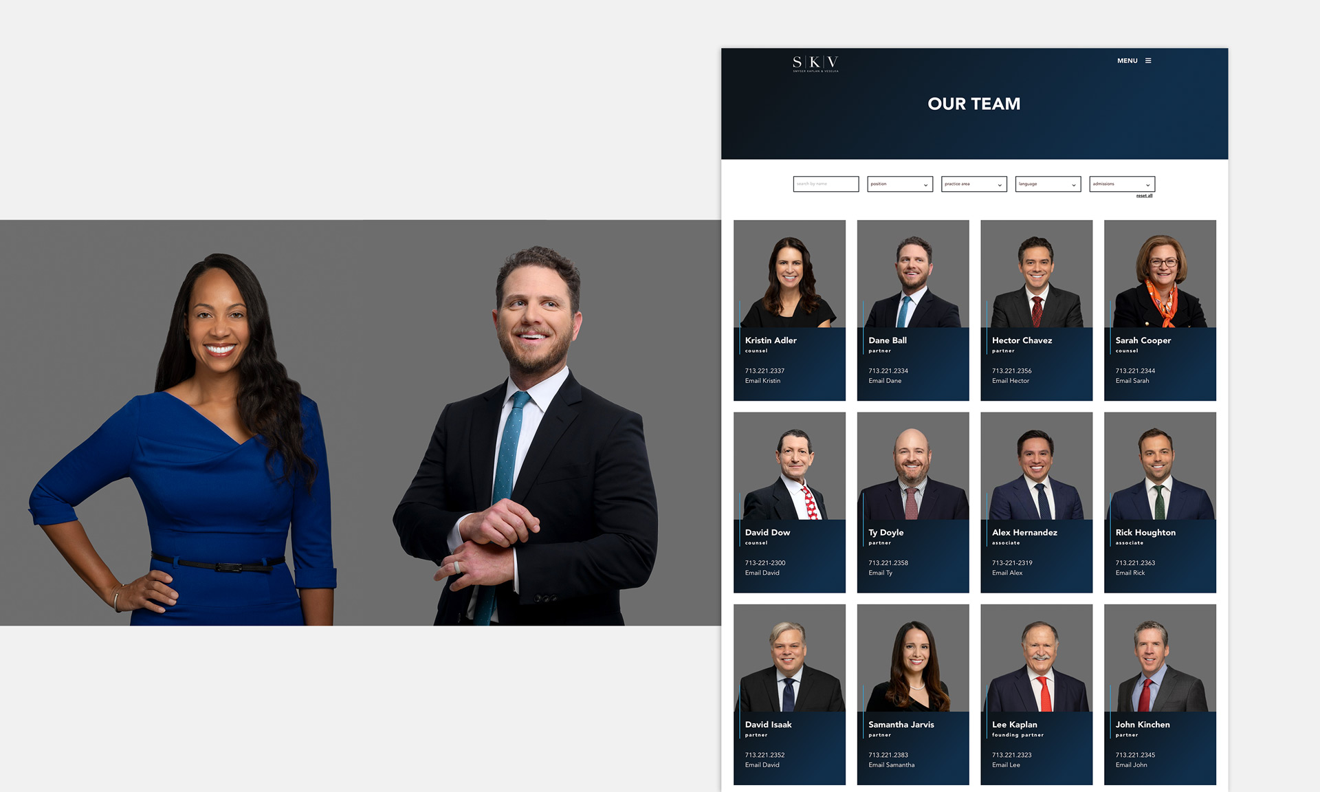 SKV law firm website lawyer photography and 'Our Team' page