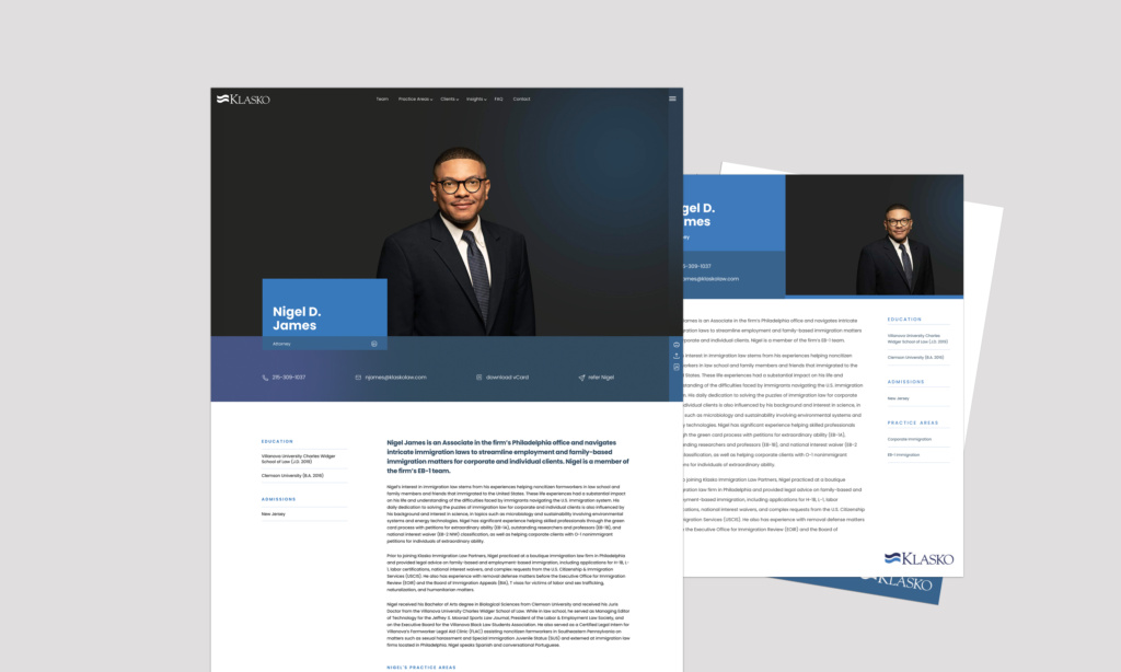 Klasko law firm website lawyer bio page and PDF printout
