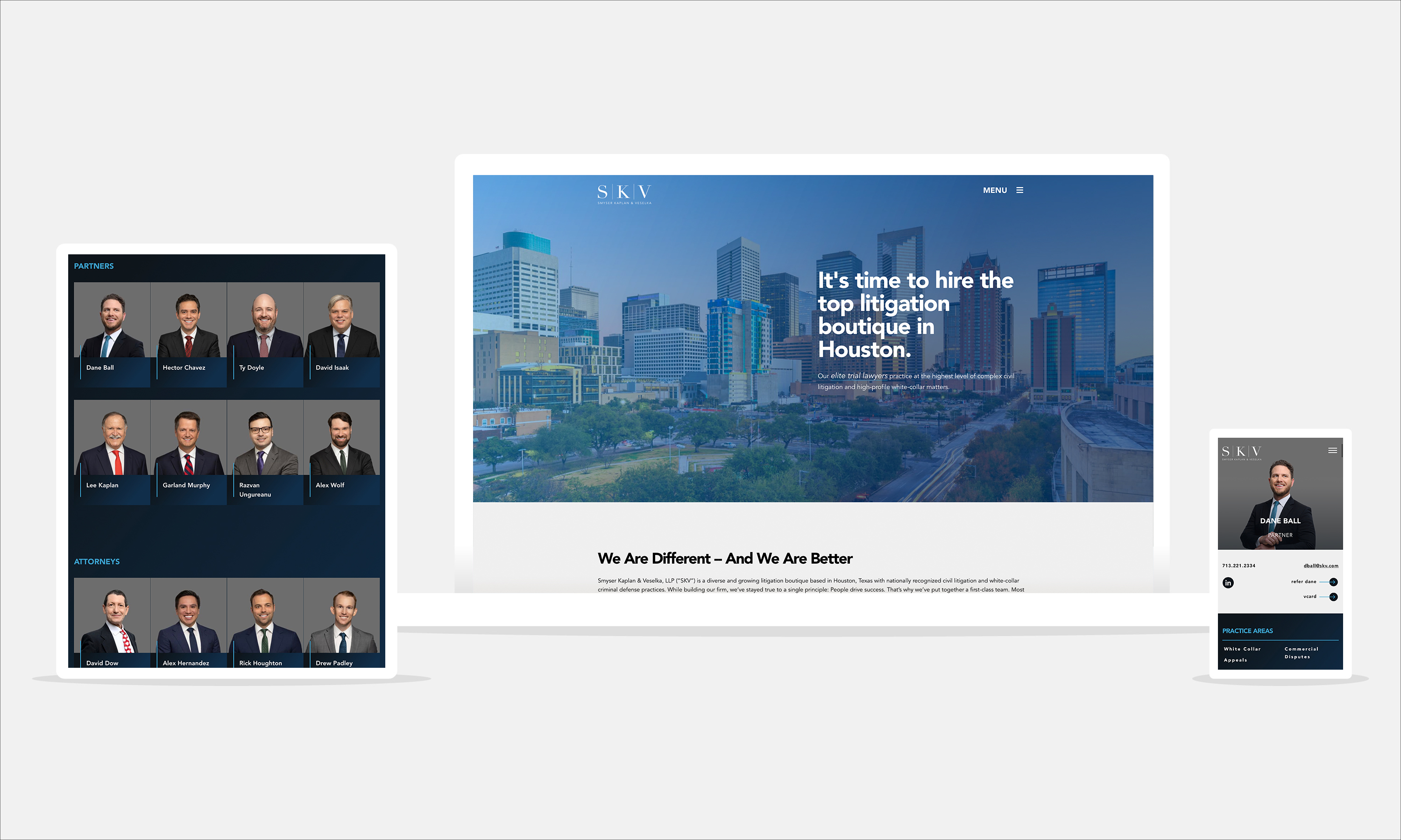 SKV law firm website shown on tablet, laptop and mobile phone screens