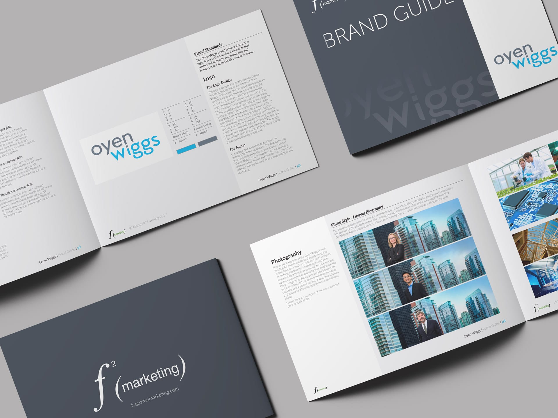 Oyen Wiggs law firm brand guide front cover and page spreads