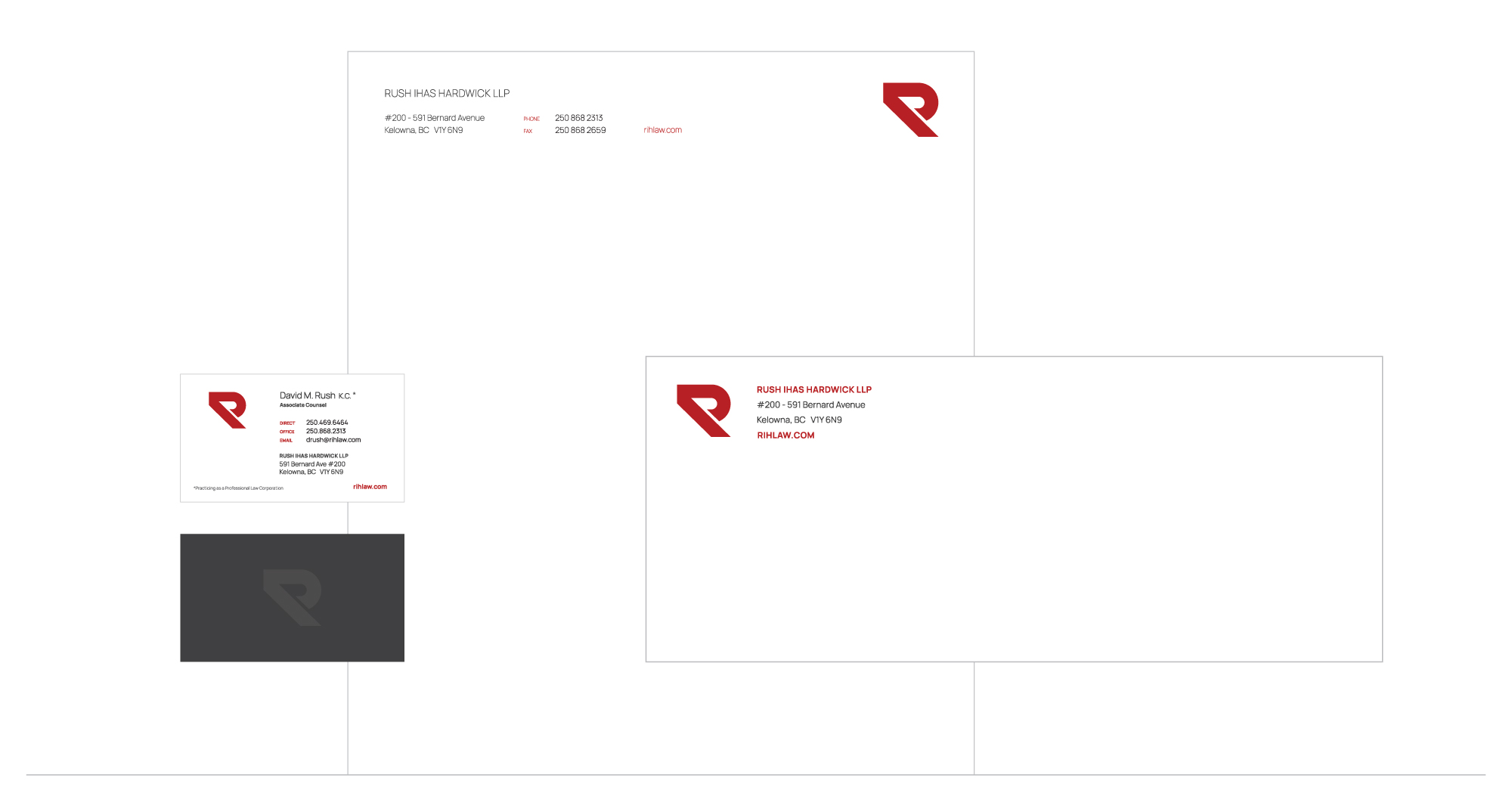 Stationery, letterhead, business cards and envelopes with the new Rush Ihas brand design