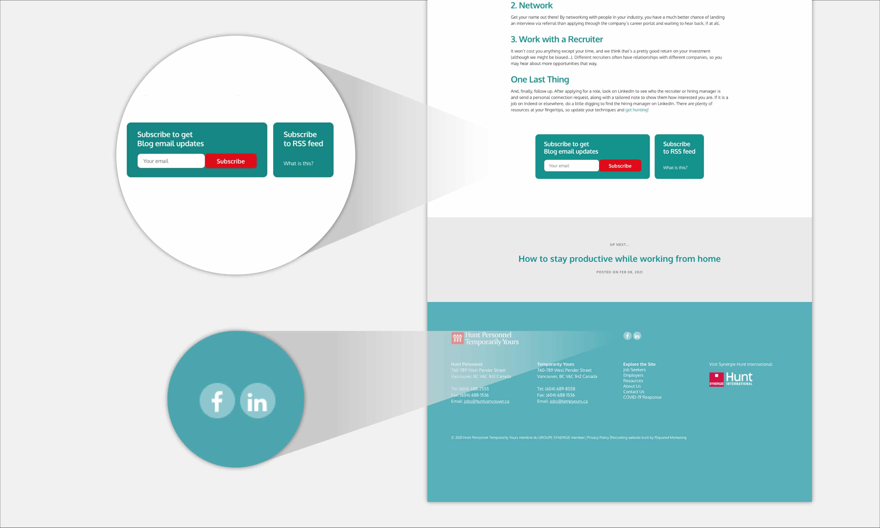 Hunt Personnel website icons and social features