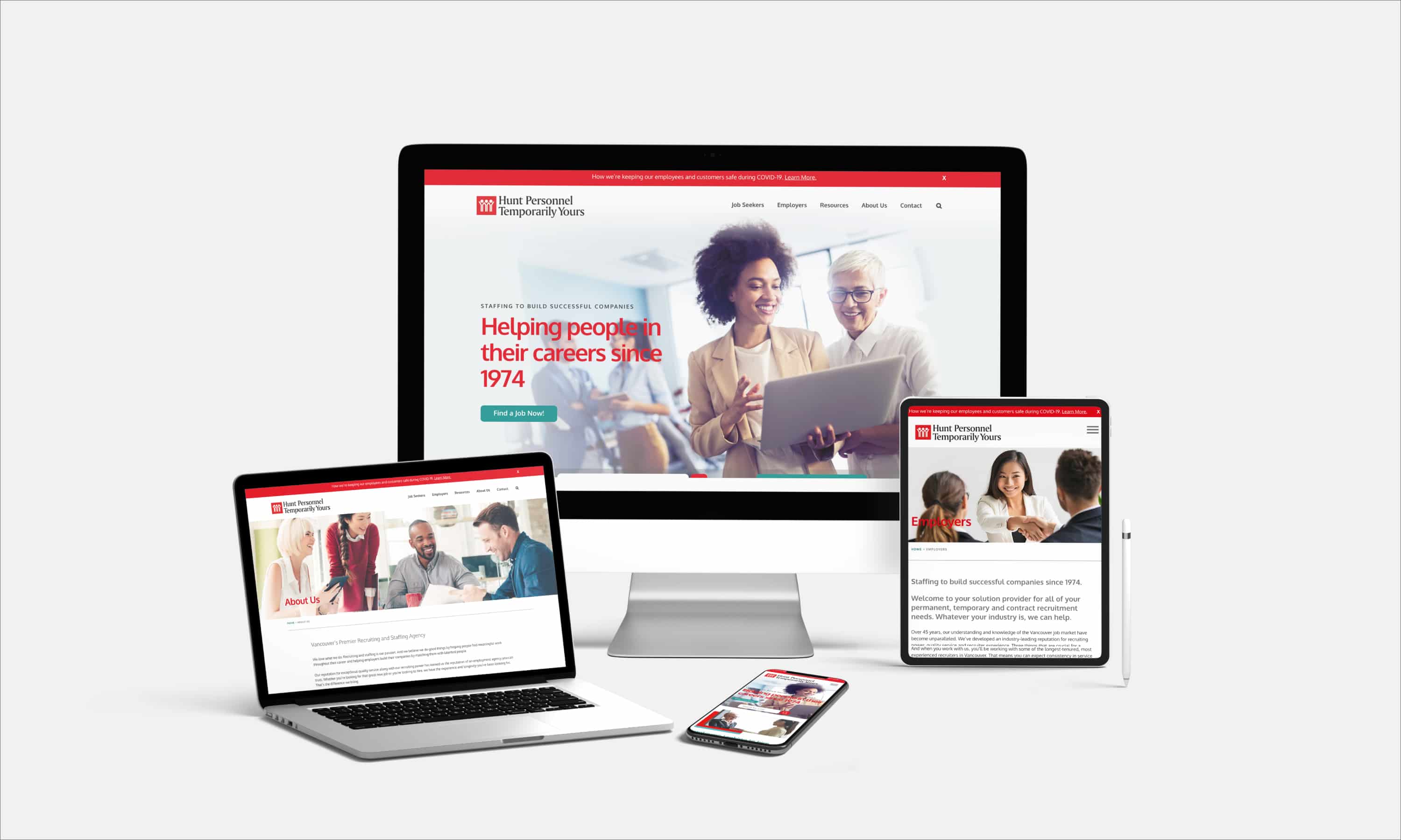 Hunt Personnel home page shown on various screen sizes