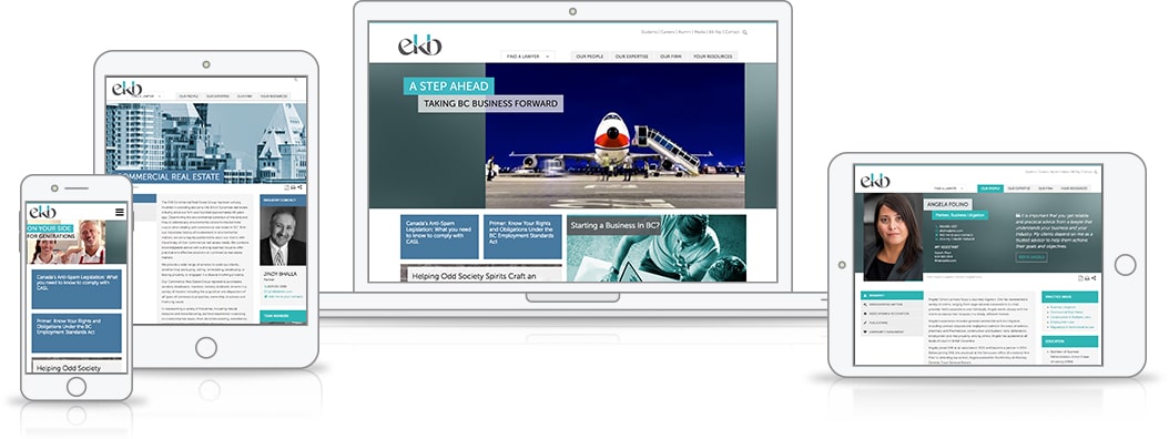 EKB website shown on mobile phone, tablet and laptop screens