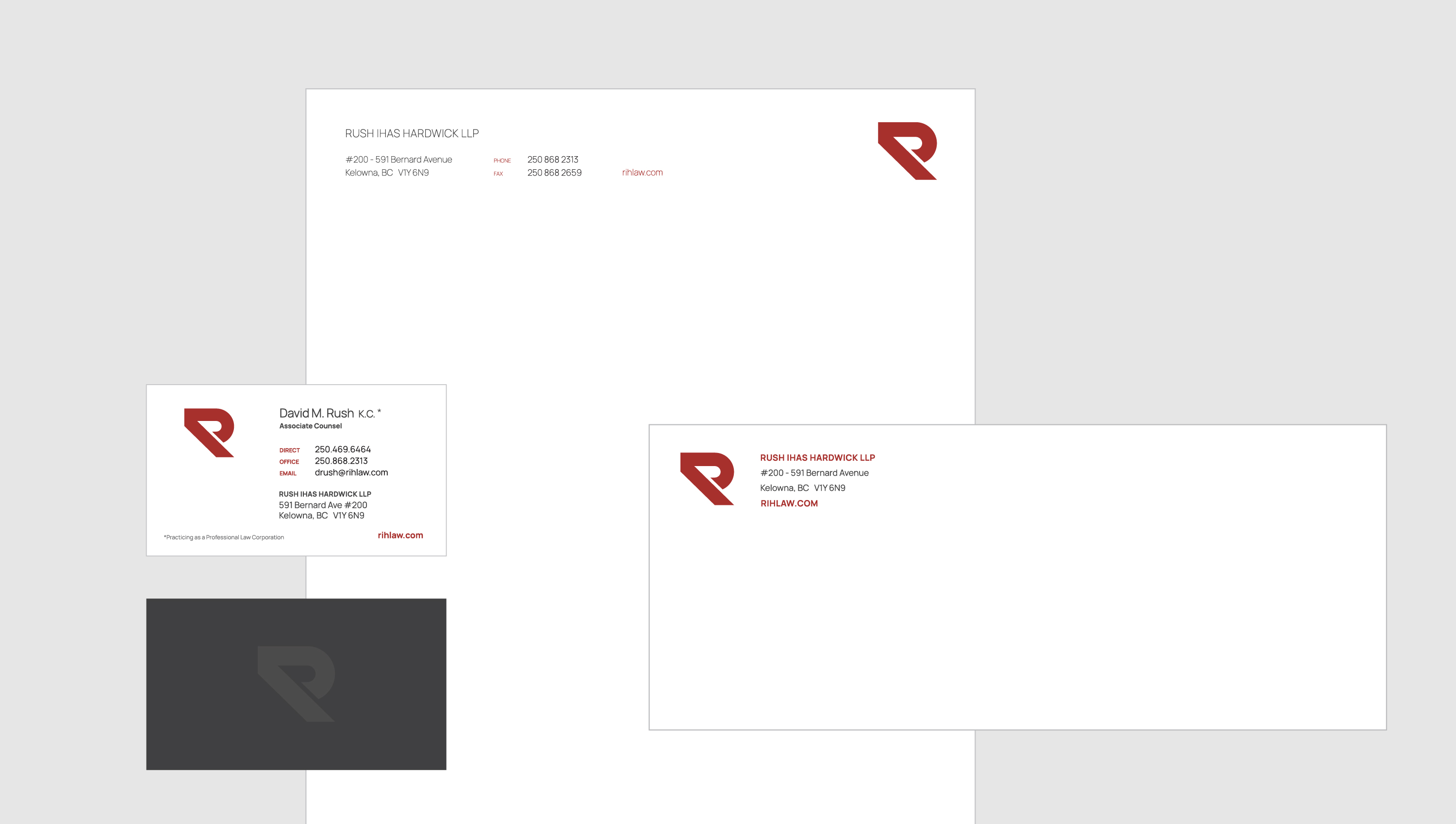 Rush Ihas law firm branding letterhead, business cards and envelope
