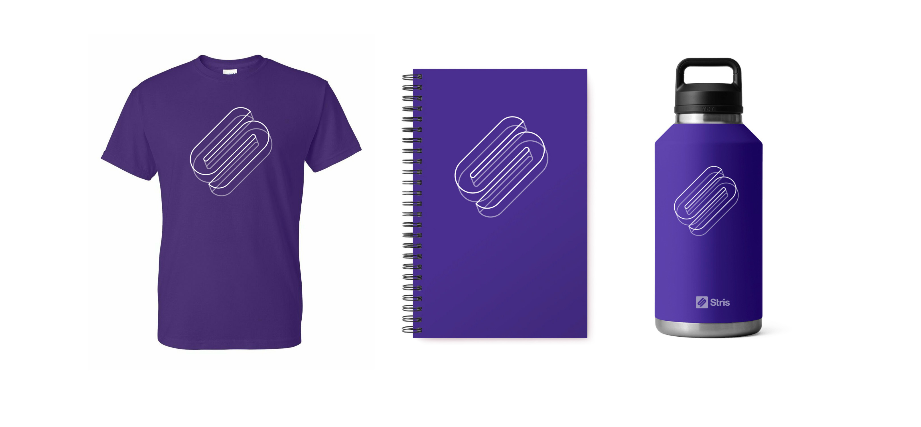 Promotional SWAG with the Stris law firm logo: a T-shirt, a notebook, and a water bottle