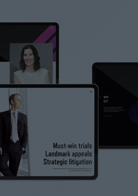 Responsive design pages from the new Stris law firm website, displayed on tablet screens